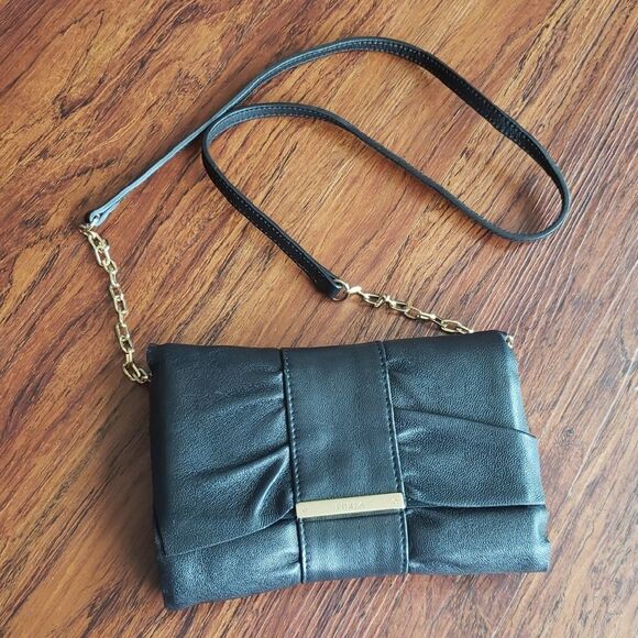 Furla Handbags - Furla Black Leather Bow Gold Accent L Chic Edgy Feminine Clutch Crossbody Bag